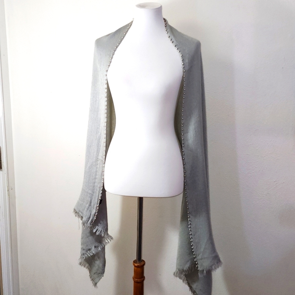 Grey Blanket Scarf With Silver Beading And Fringed Ends